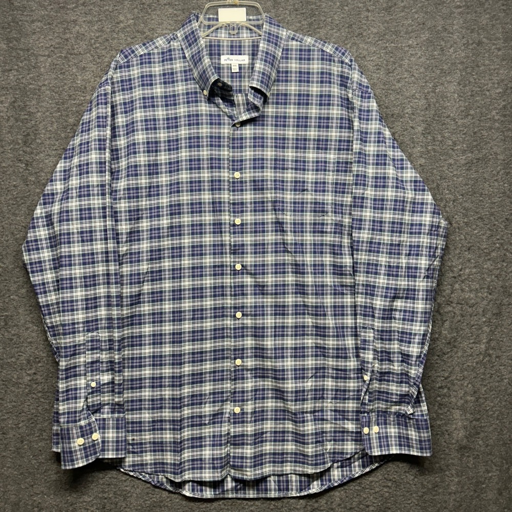 Peter Millar Mens XXL Blue Green‎ Plaid Button Up Long Sleeve Casual Shirt